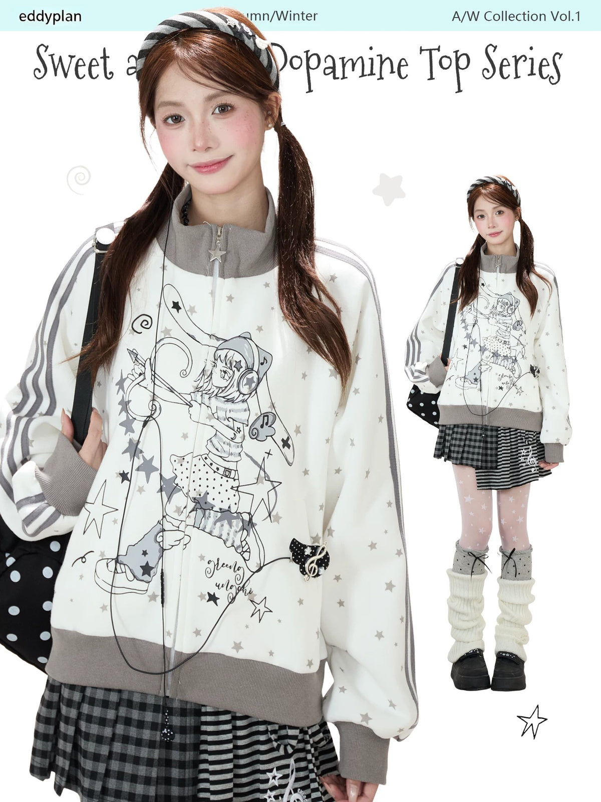 Star Girl Graphic Stand-Collar Jacket & Gray Layered Mini Skirt