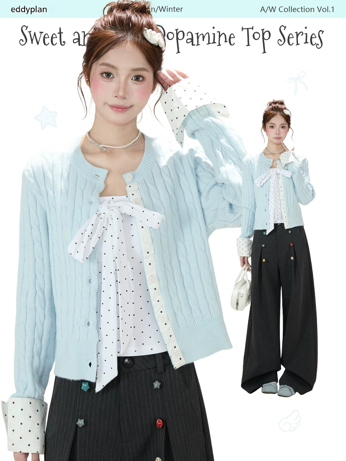 Polka-Dot Bow Knit Cardigan & Black Pinstripe Wide-Leg Pants