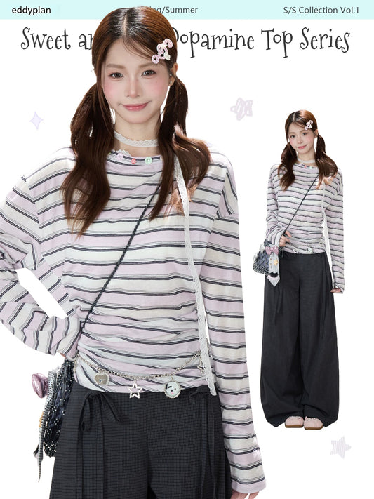 Striped Off-Shoulder Long Sleeve Top & Black Wide-Leg Pants