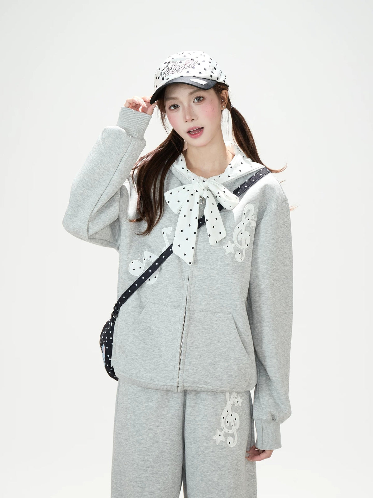 Music Note Polka-Dot Bow Zip-Up Hoodie & Gray Wide-Leg Pants
