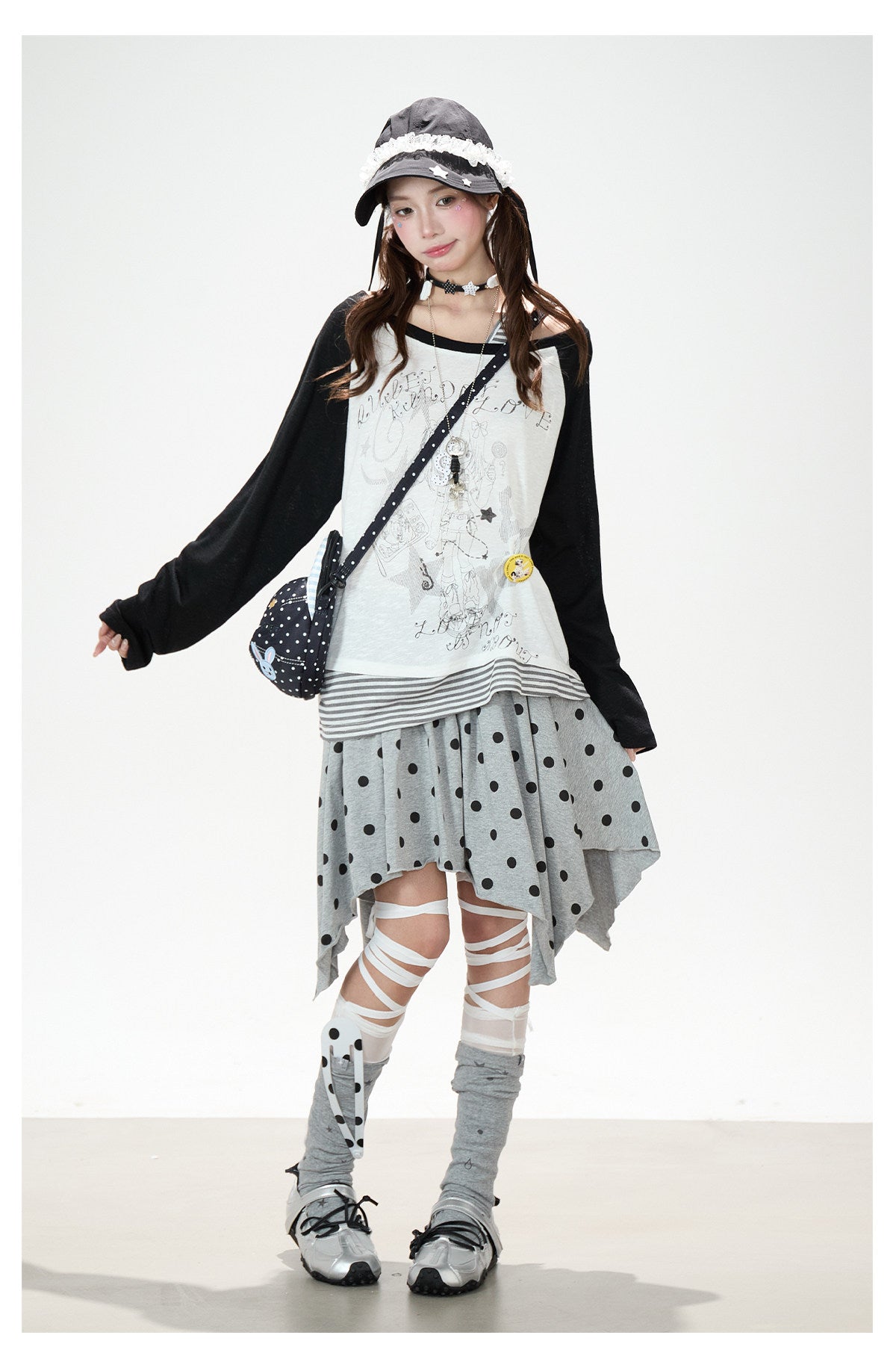 Faux Layered Off-Shoulder Graphic Long Sleeve Top