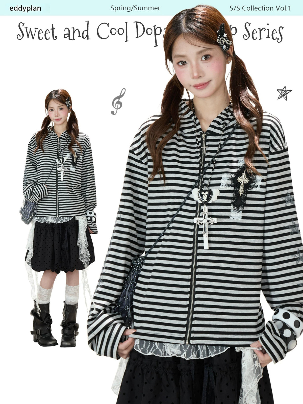 Lace Cross Stripe Zip-Up Hoodie & Black Polka-Dot Ruffle Midi Skirt