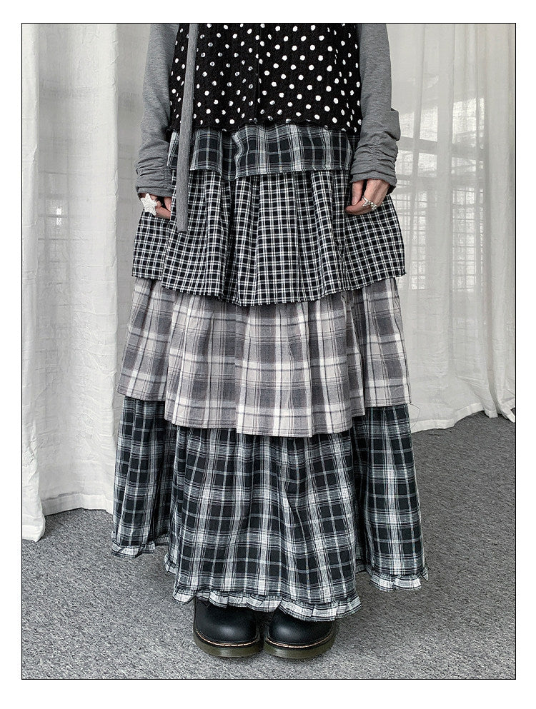 Mixed Plaid Tiered Maxi Skirt