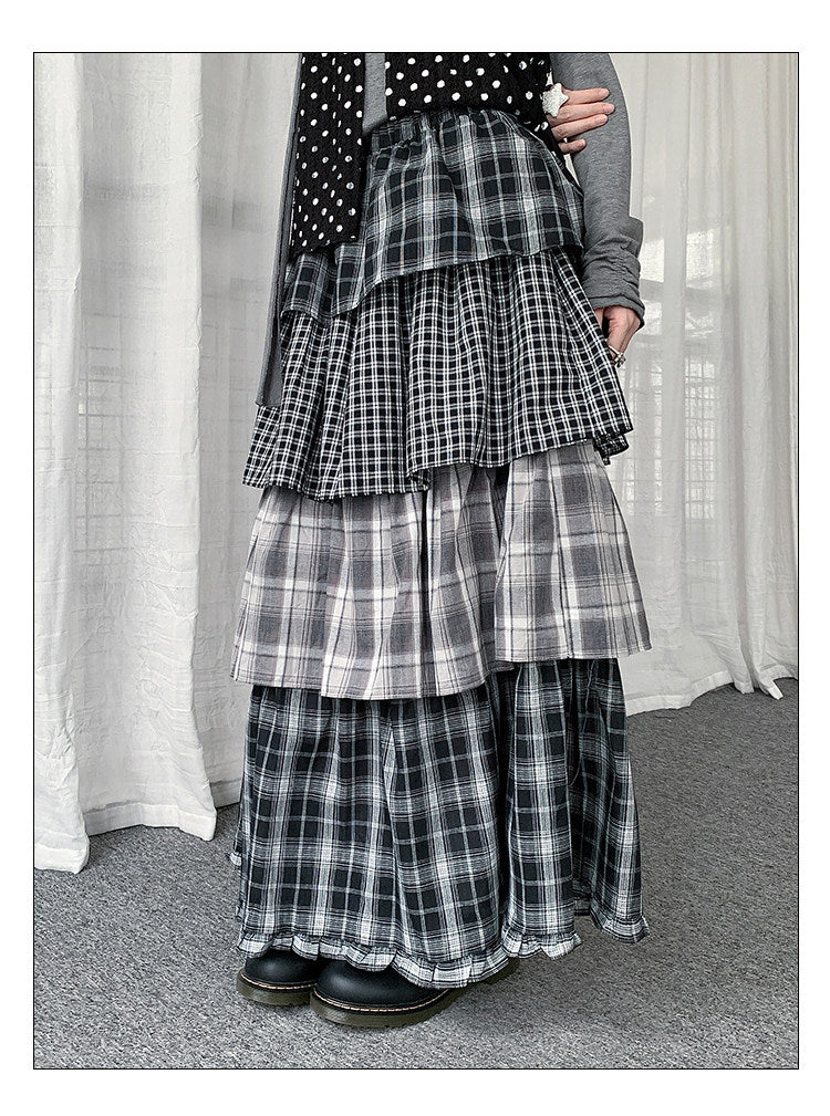 Mixed Plaid Tiered Maxi Skirt