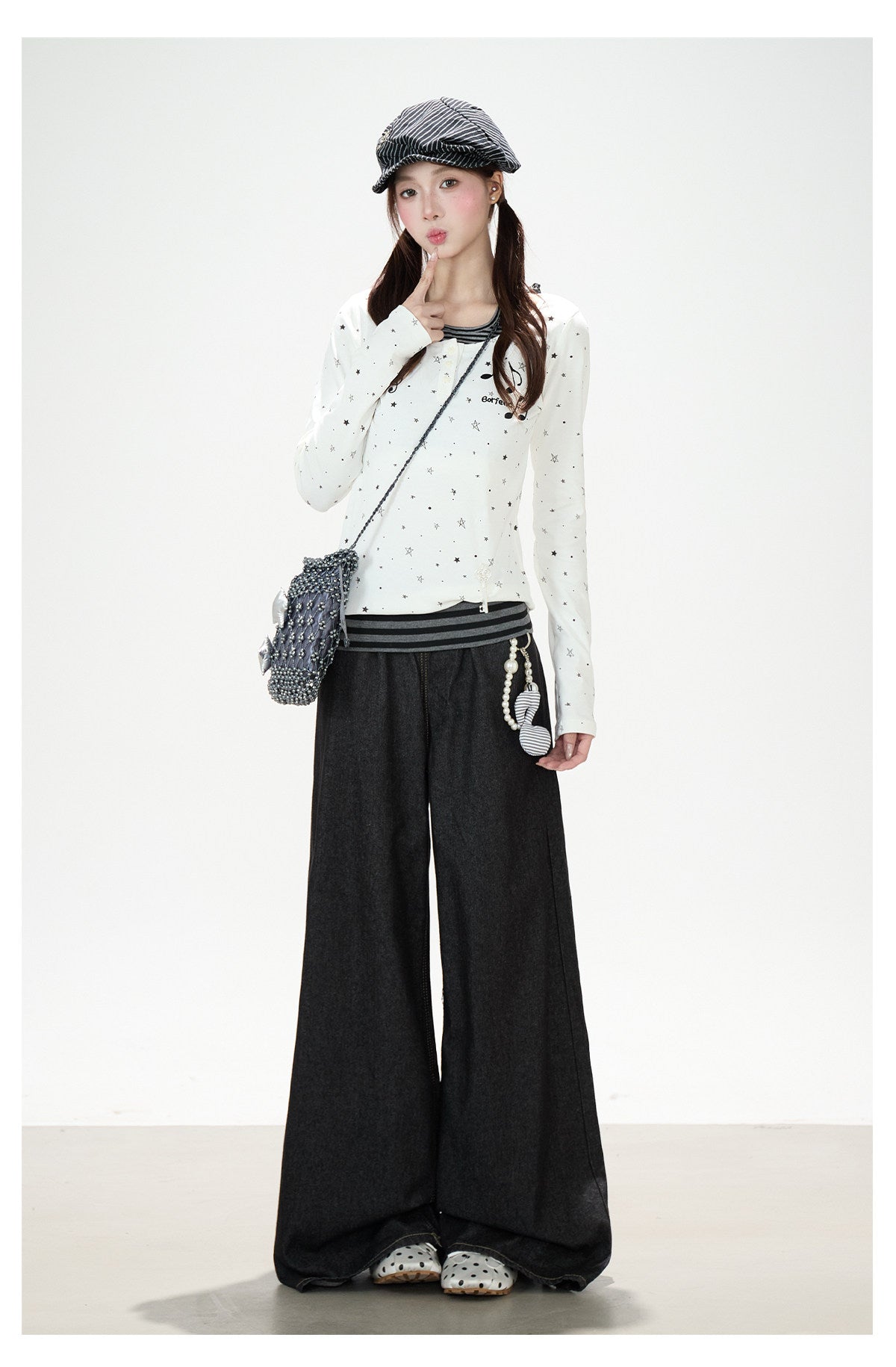 Star Music Note Halter Layered Long Sleeve Top & Black Wide-Leg Pants