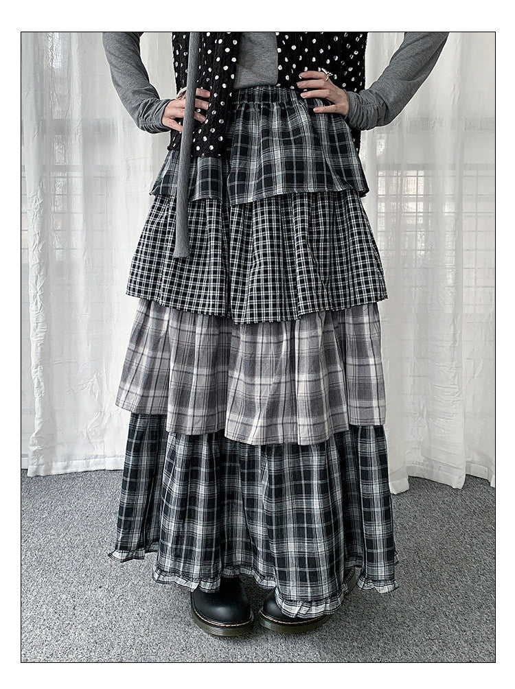 Mixed Plaid Tiered Maxi Skirt