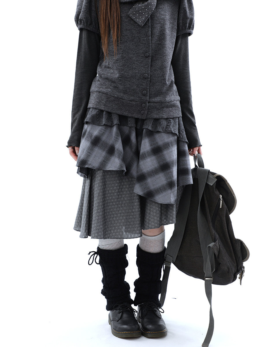 Asymmetric Plaid Layered Midi Skirt