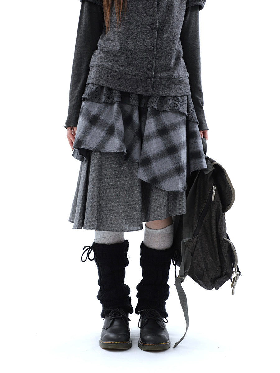 Asymmetric Plaid Layered Midi Skirt