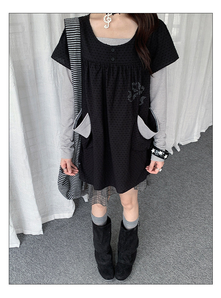 Polka Dot Faux-Layered Ruffle Hem Tunic Dress