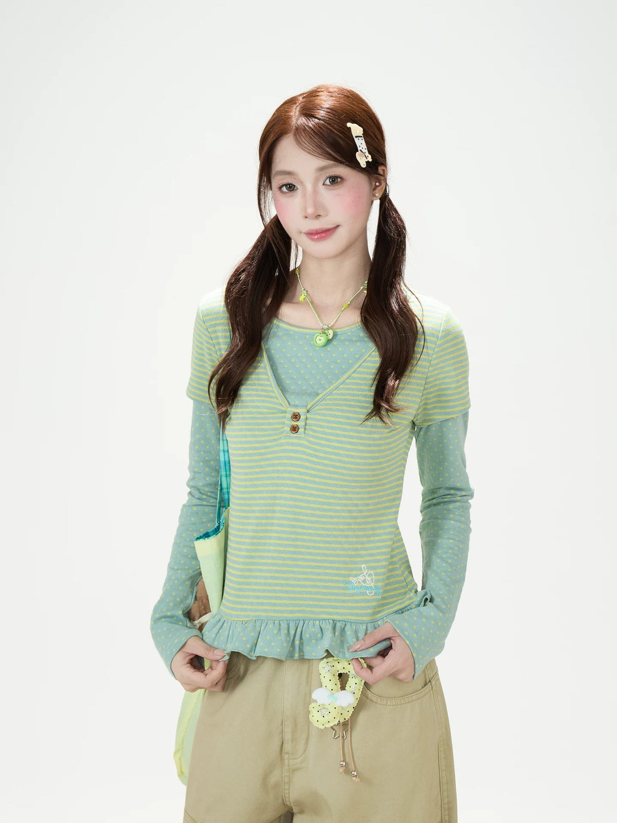 Polka-Dot Stripe Layered Long Sleeve Top & Embroidered Khaki Wide-Leg Cargo Pants