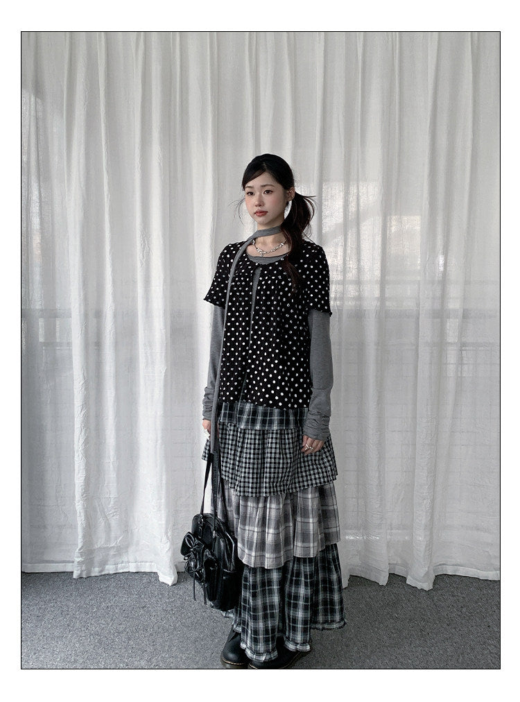 Mixed Plaid Tiered Maxi Skirt