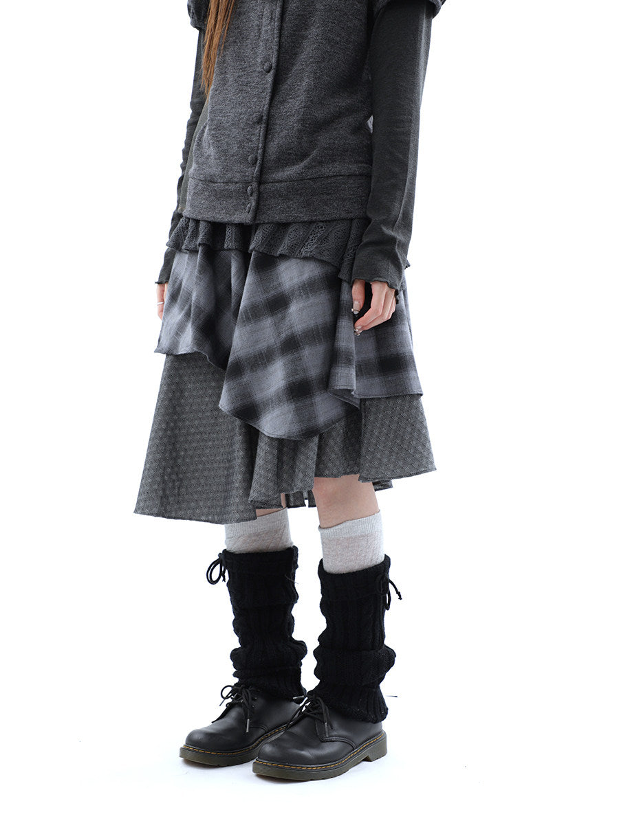Asymmetric Plaid Layered Midi Skirt