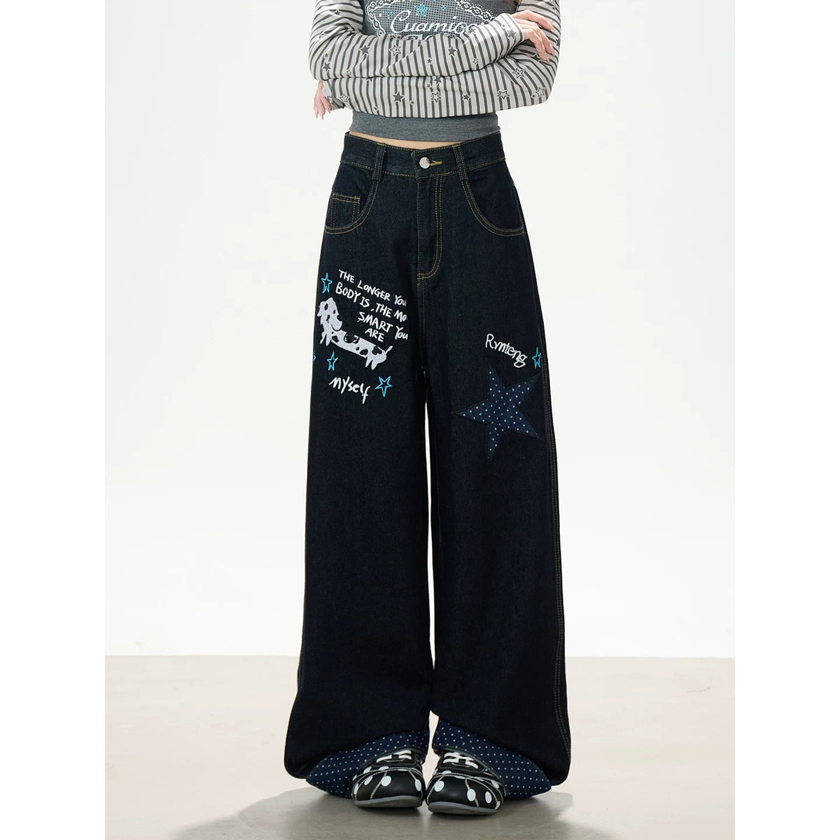 Star Stripe Off-Shoulder Long Sleeve Top & Graphic Star Wide-Leg Pants