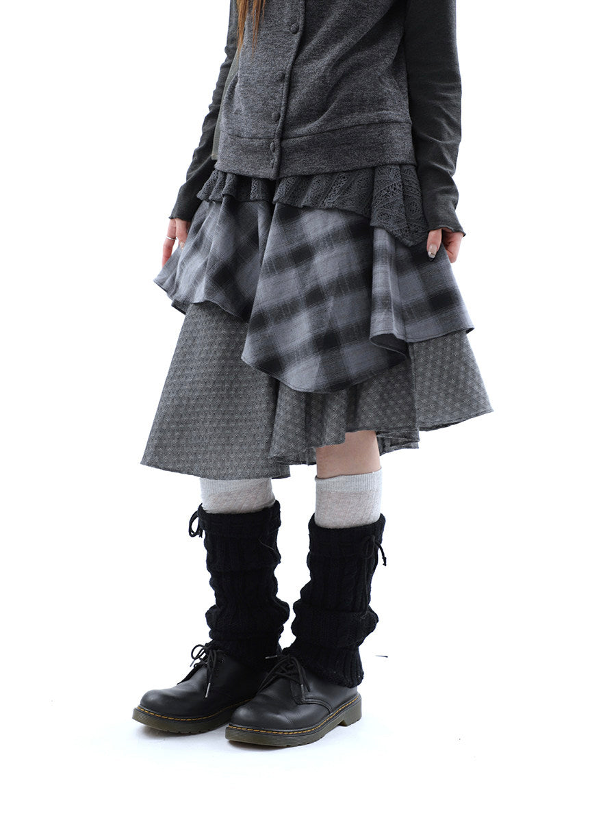 Asymmetric Plaid Layered Midi Skirt