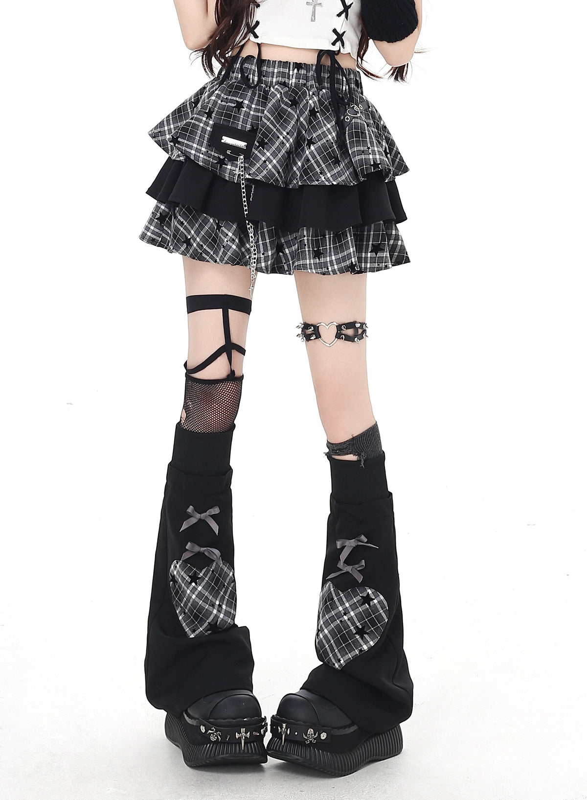 Distressed Plaid Tiered Skort with Matching Leg Warmers