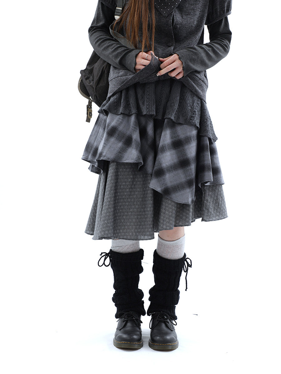 Asymmetric Plaid Layered Midi Skirt