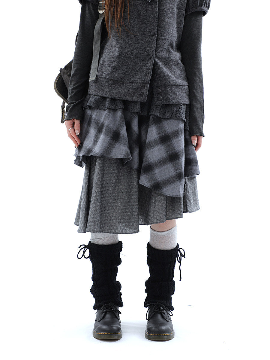 Asymmetric Plaid Layered Midi Skirt