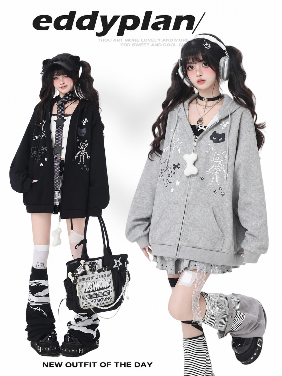 Cat Ear Bow Graphic Zip Hoodie