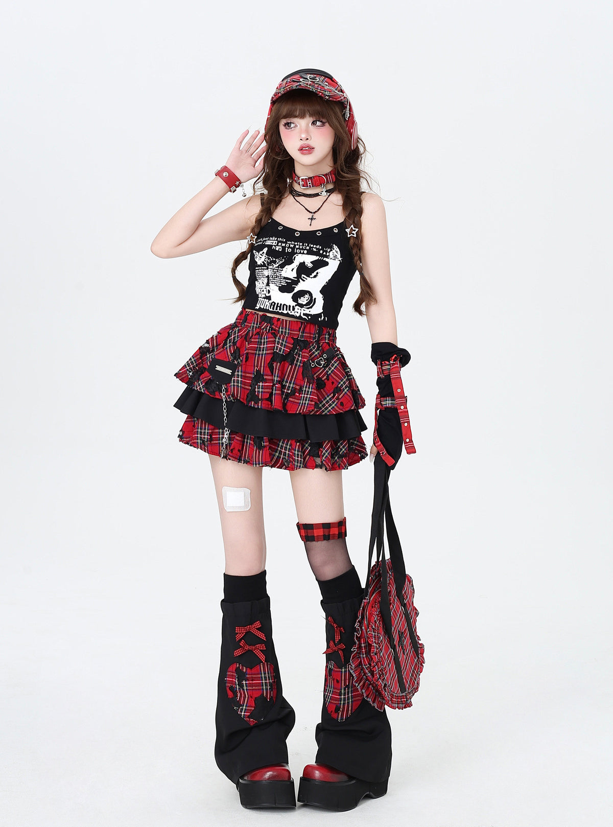 Distressed Plaid Tiered Skort with Matching Leg Warmers