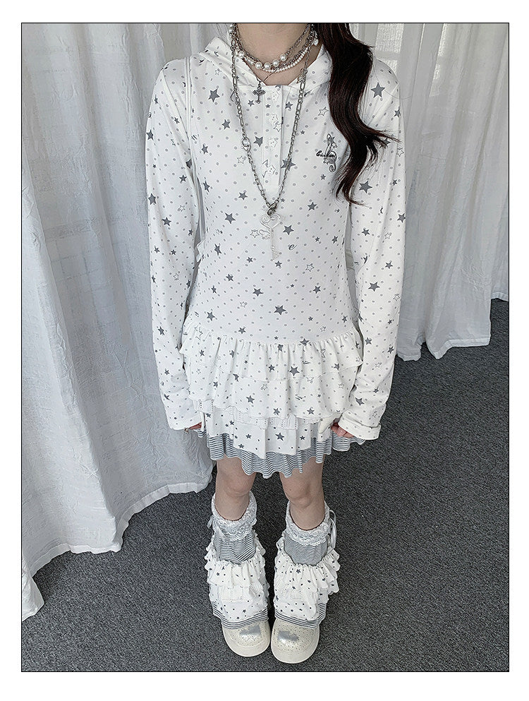 Star Print Ruffle-Hem Hooded Long Sleeve Top