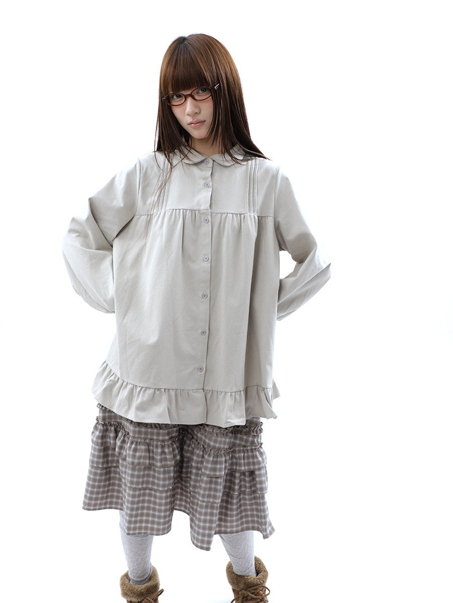 Pleated Ruffle Hem Button-Up Long Sleeve Blouse