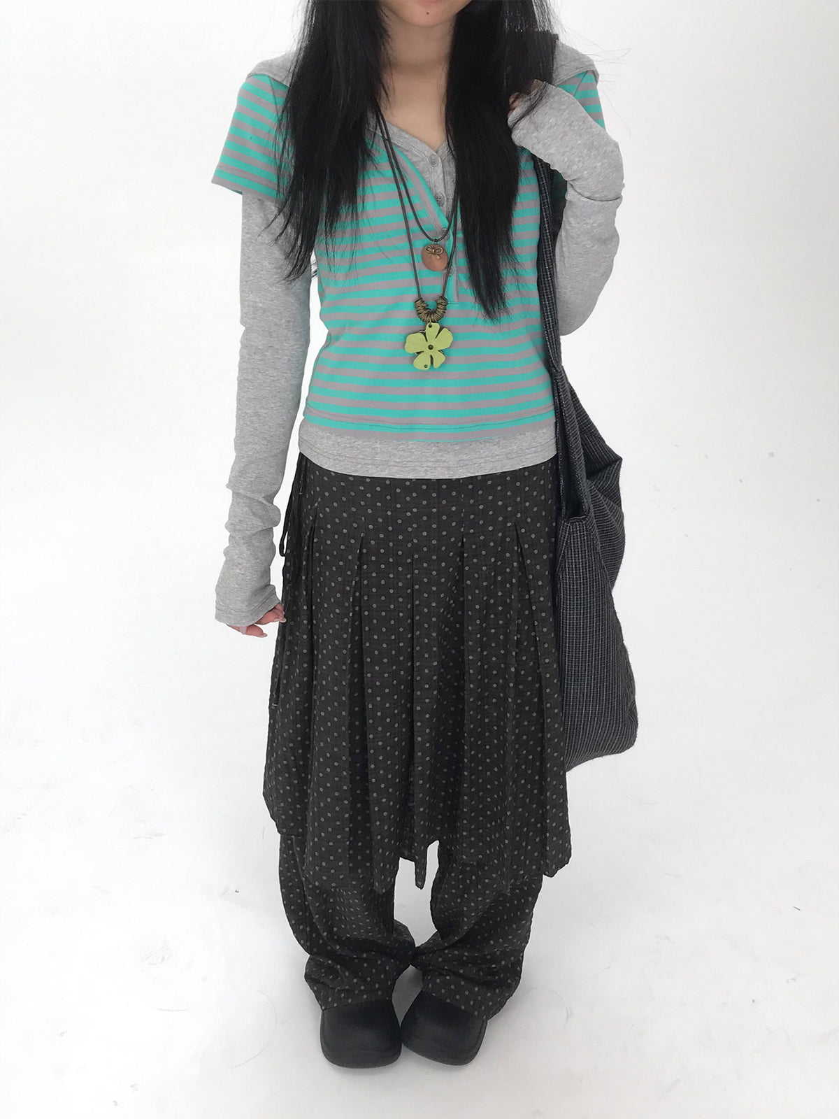 Striped Faux-Layered Hooded Long Sleeve Top