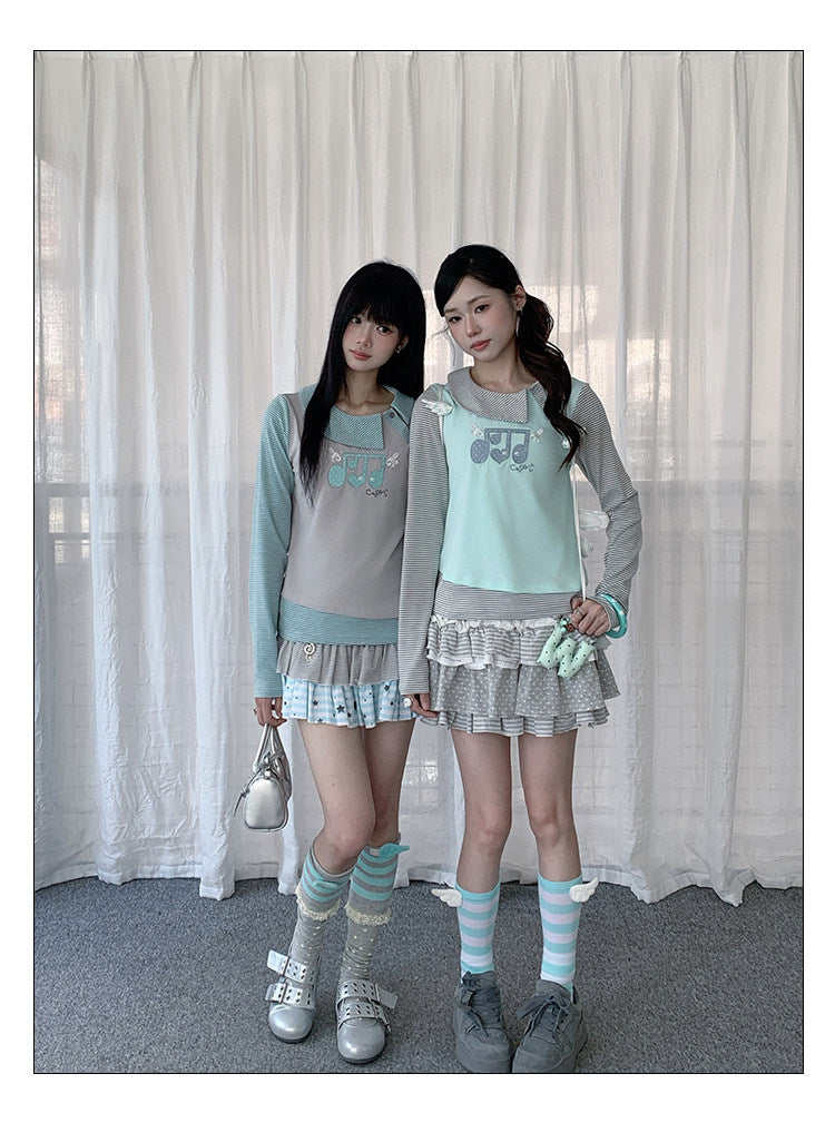 Music Note Embroidered Faux-Layered Long Sleeve Top