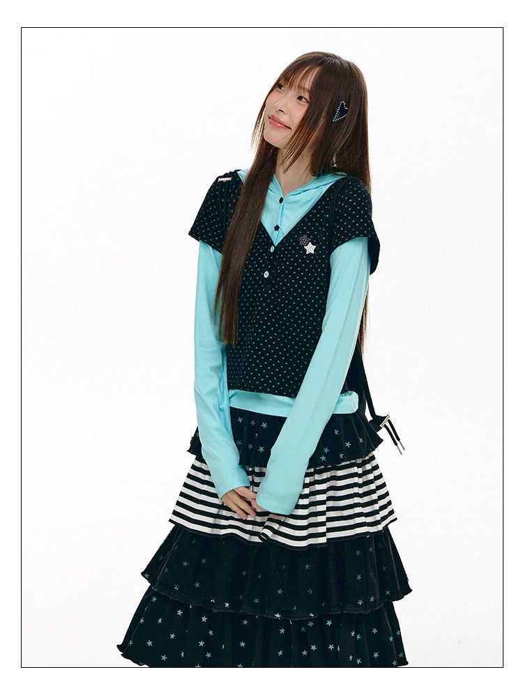 Polka Dot Faux-Layer Hooded Long Sleeve Top