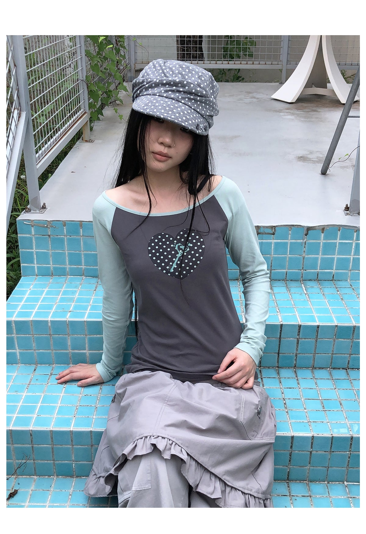 Polka Dot Heart Key Contrast Raglan Long Sleeve Tee
