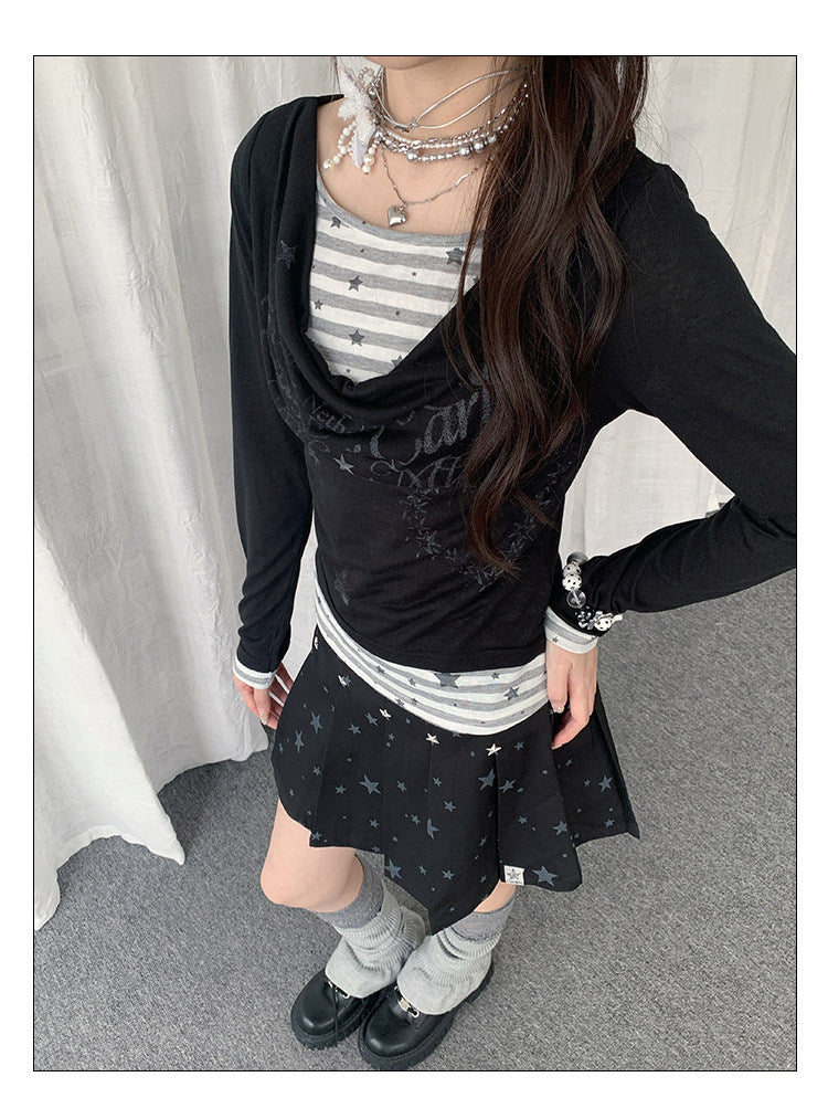 Star Stripe Cowl-Neck Faux-Layer Long Sleeve Top