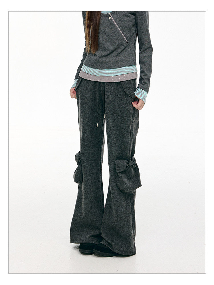 Bow-Pocket Flared Wide-Leg Pants