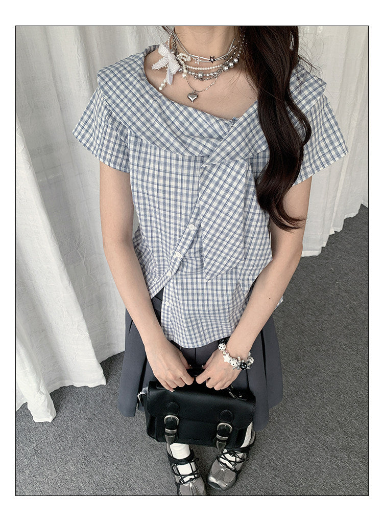 Blue Plaid Asymmetrical Collar Shirt