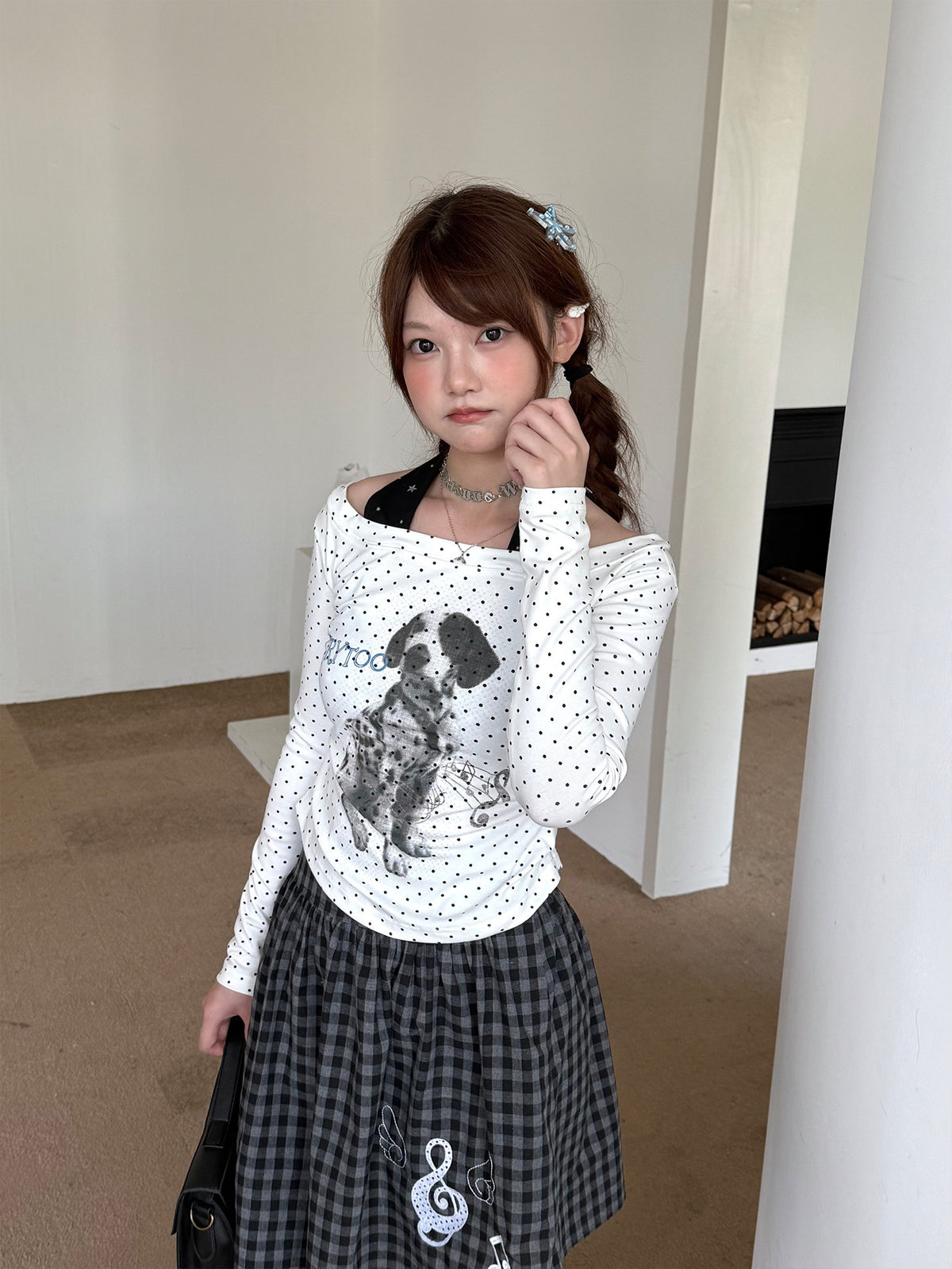 White Polka Dot Puppy Off-Shoulder Long Sleeve Top