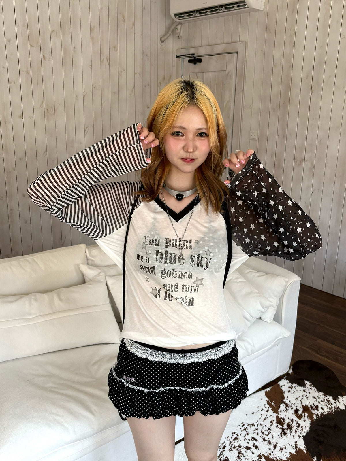 Star Mesh Stripe Contrast Lyocell Long Sleeve Top