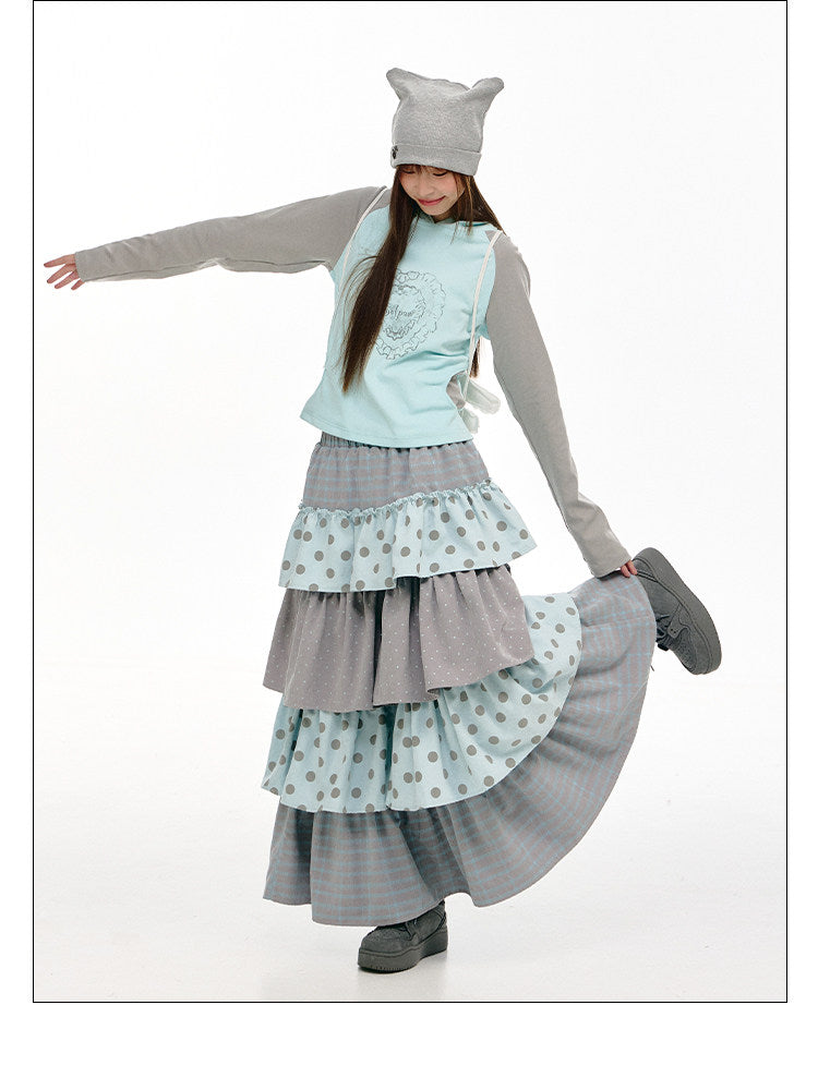 Gray-Blue Polka Dot Tiered Maxi Skirt