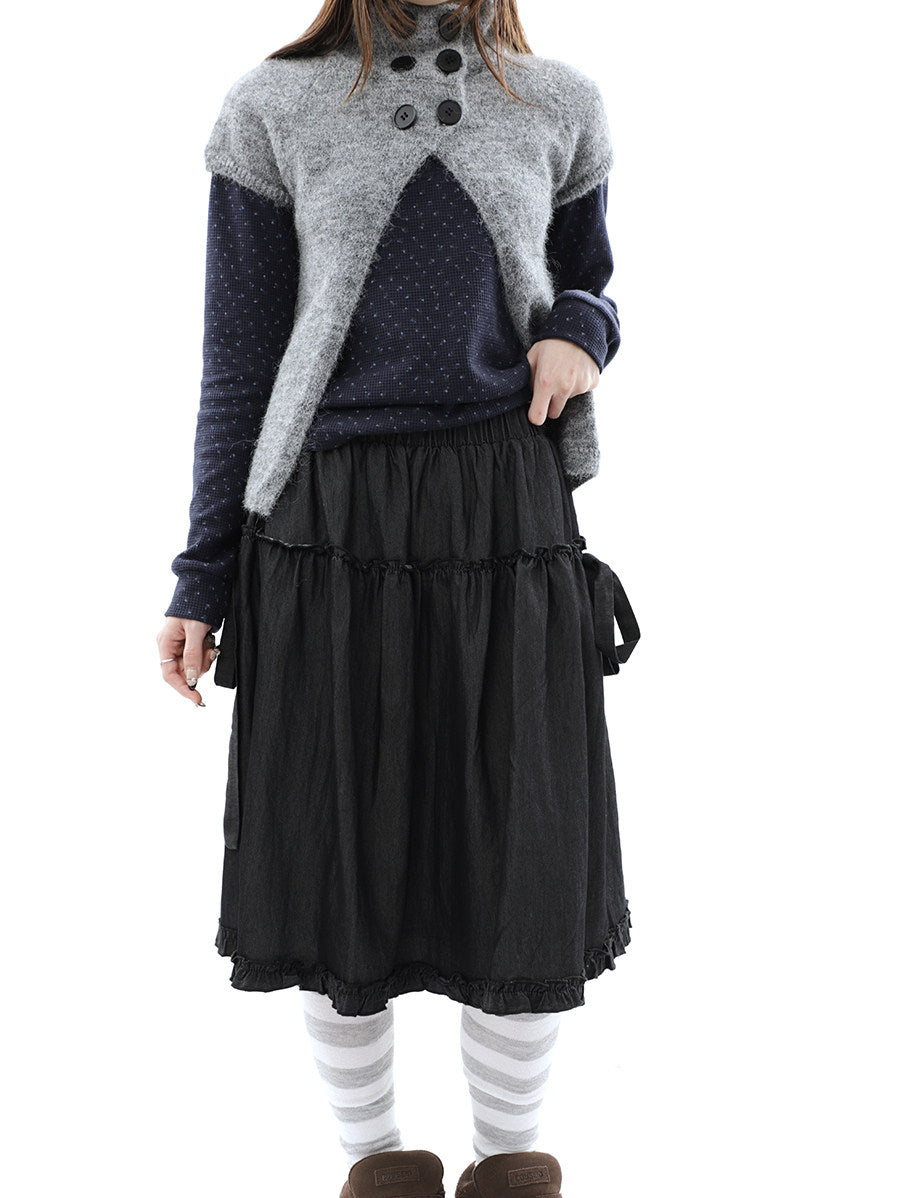 Washed Black Ruffle-Tiered Denim Midi Skirt