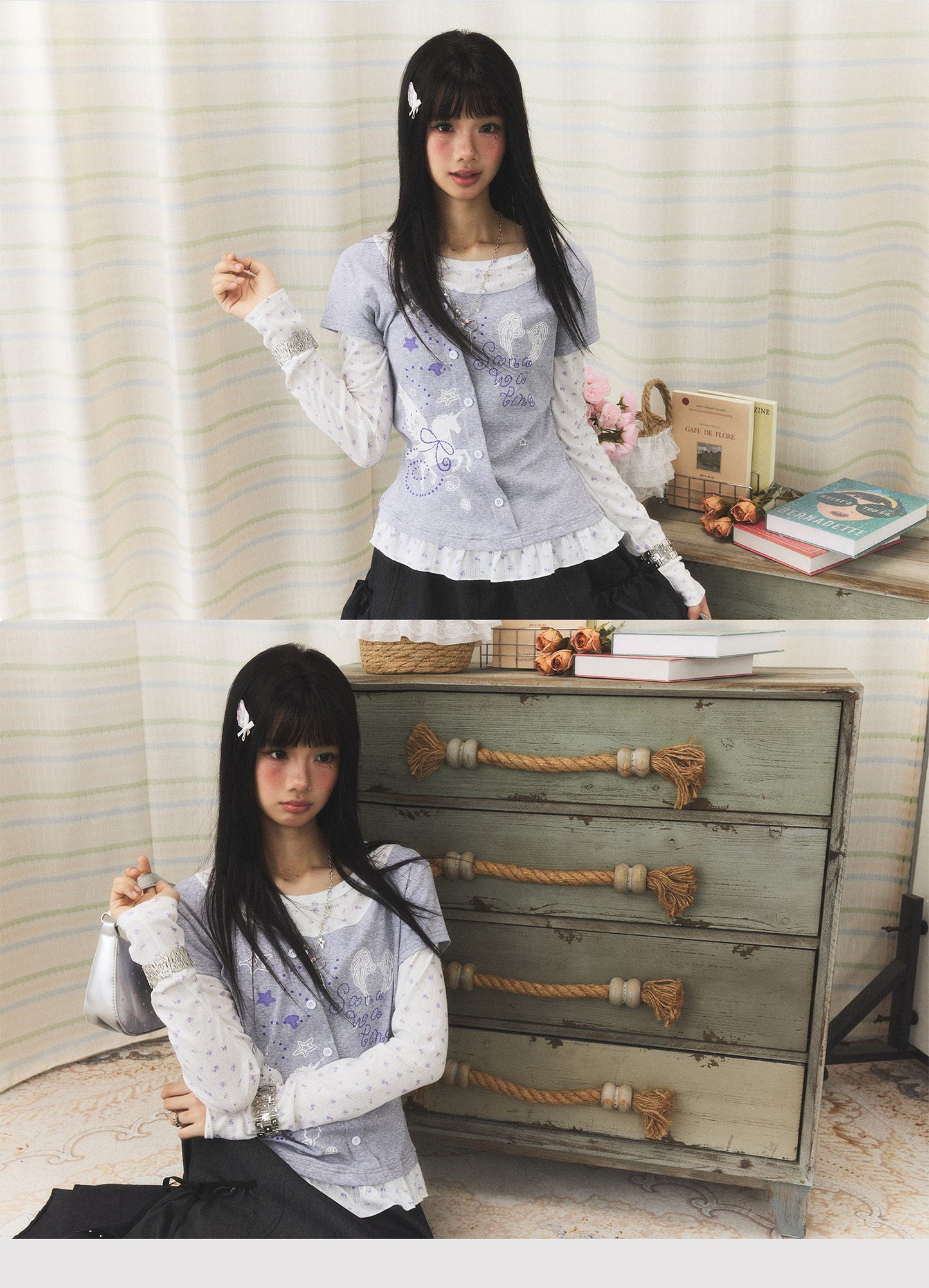 Lavender Wing Floral Faux-Layer Long-Sleeve Tee