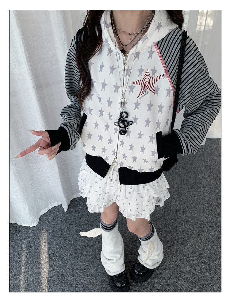 Star & Stripe Patchwork Zip-Up Hoodie