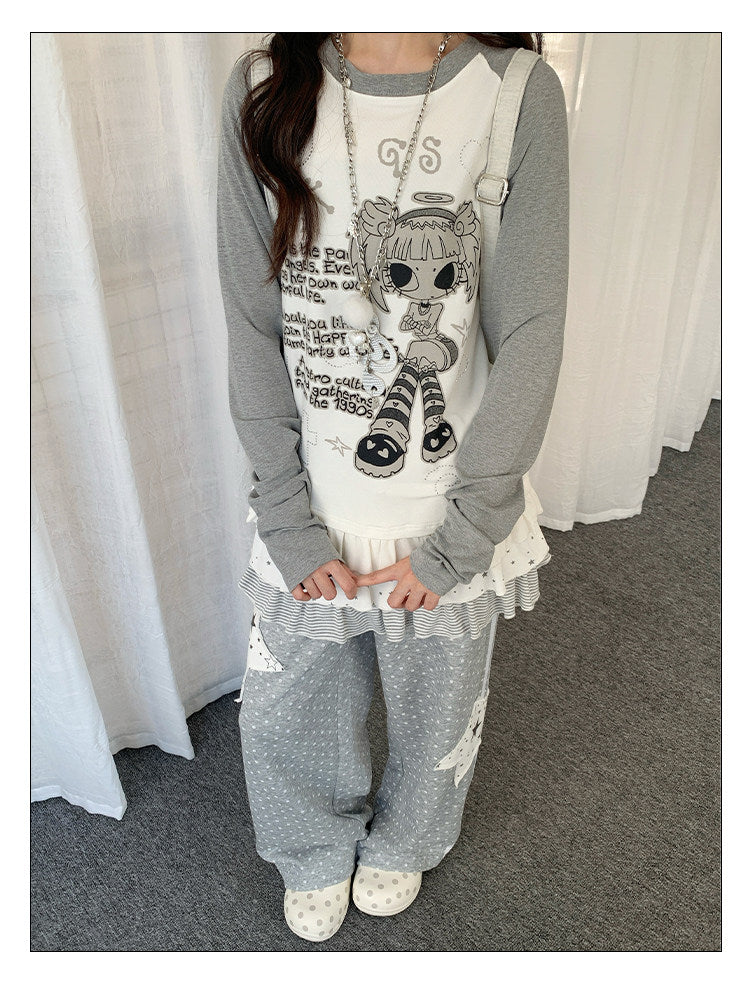 Angel Girl Graphic Raglan Ruffle Long Sleeve Top