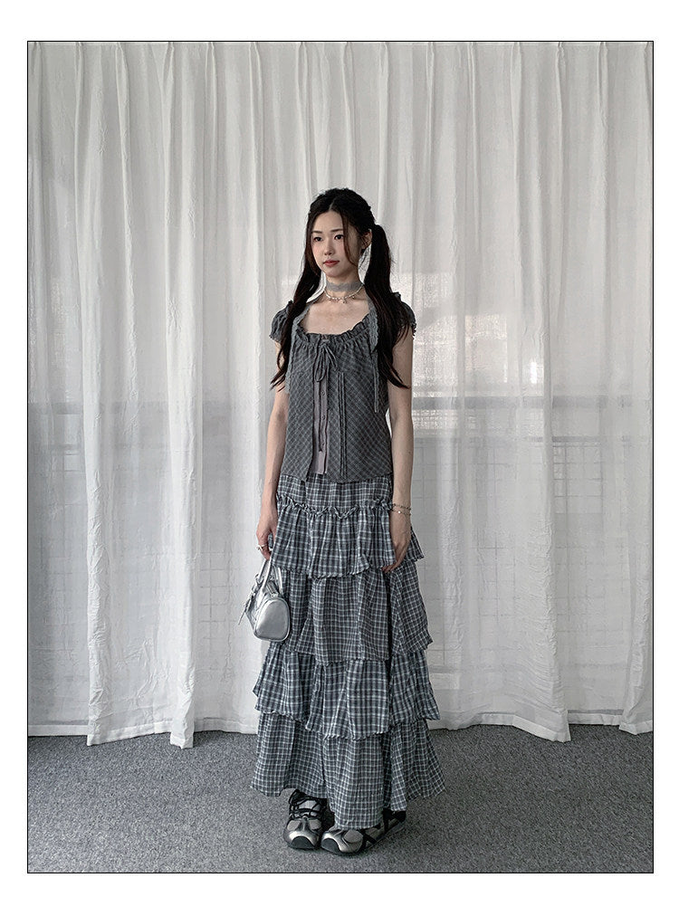 Gray Plaid Tie-Front Layered Puff-Sleeve Top