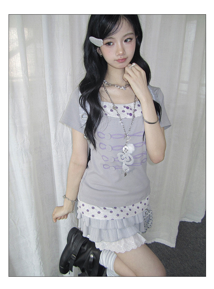 Lilac Polka Dot Faux-Layer Fitted Tee