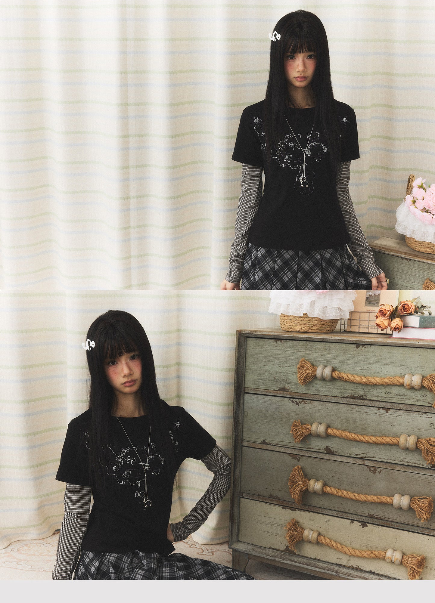 Rhinestone Melody Faux-Layer Stripe Long-Sleeve Tee