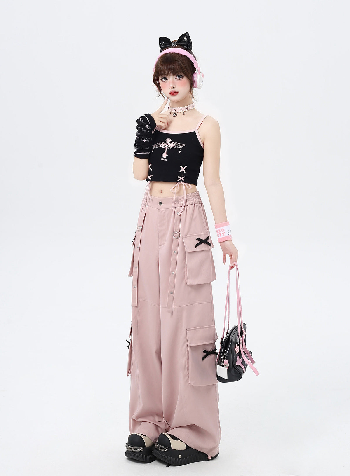 Heart Bow Pocket Wide-Leg Cargo Pants