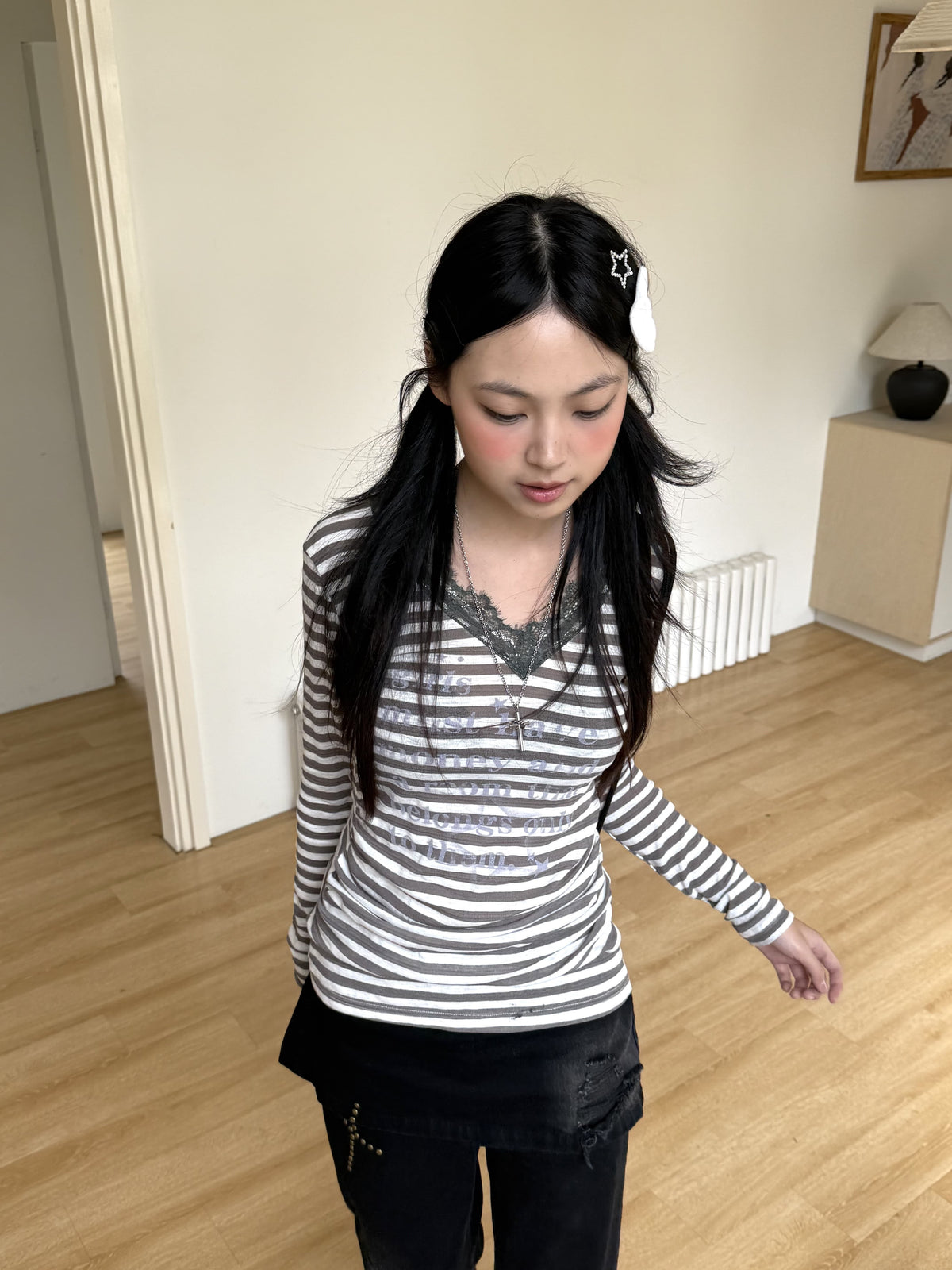 Gray Stripe Lace V-Neck Graphic Long Sleeve Tee