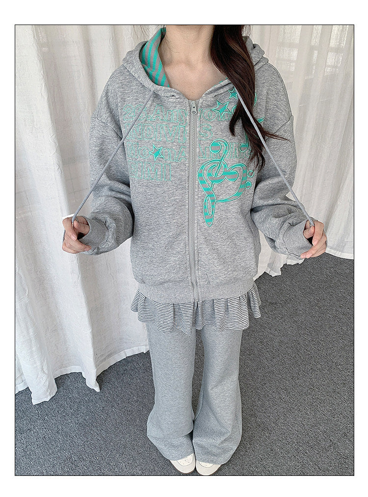 Music Note Embroidered Zip-Up Hoodie