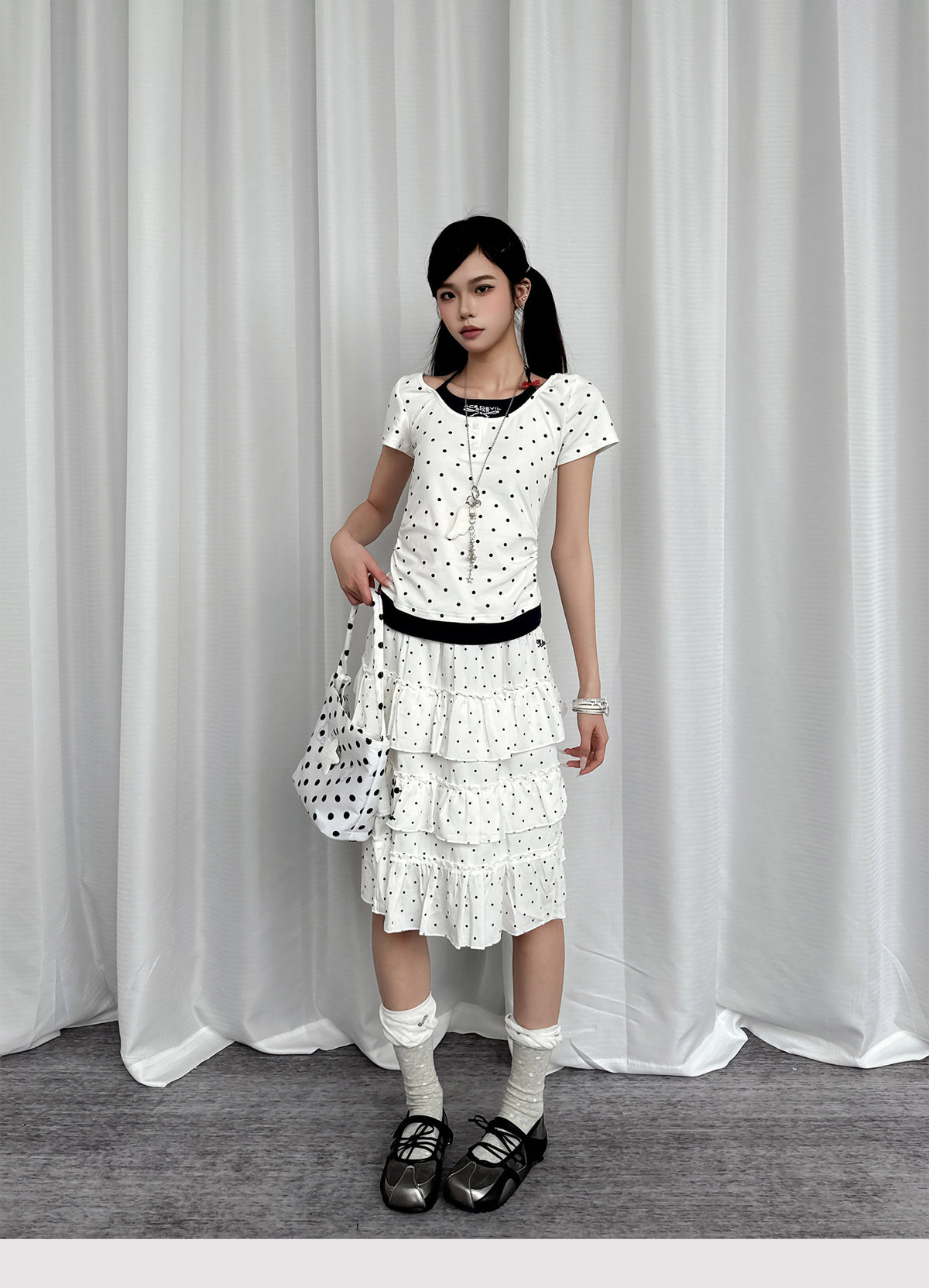 Paw Embroidered Polka Dot Tiered Midi Skirt
