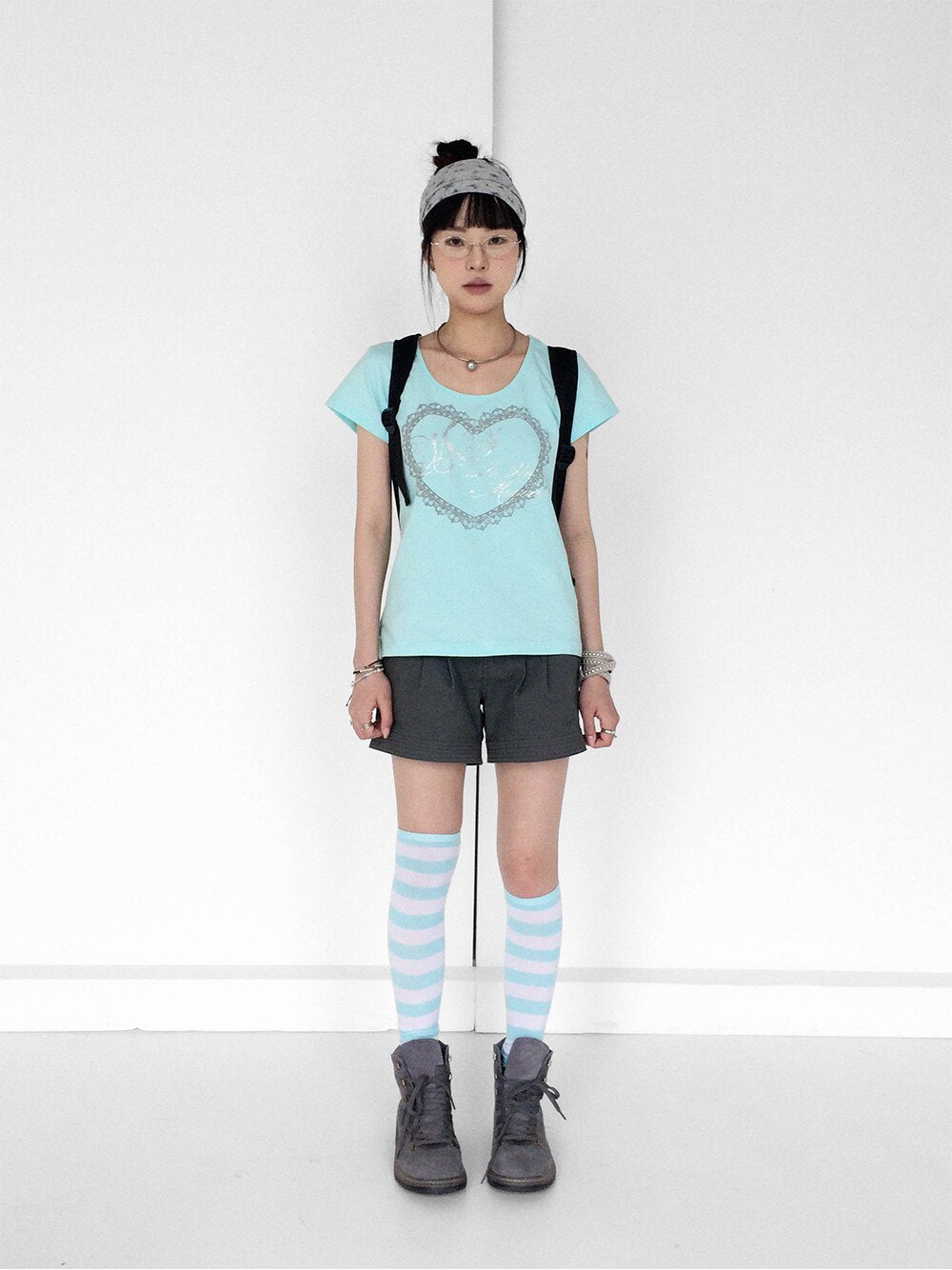 Silver Lace Heart Scoop-Neck Fitted Tee