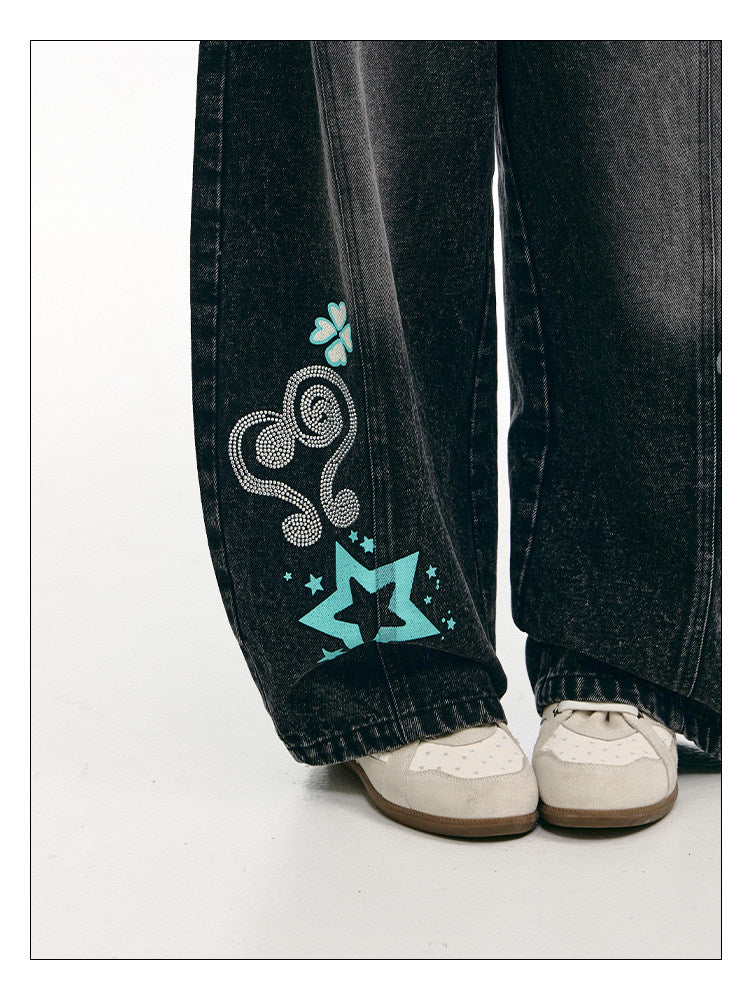 Washed Black Cartoon Music Note Barrel-Leg Jeans