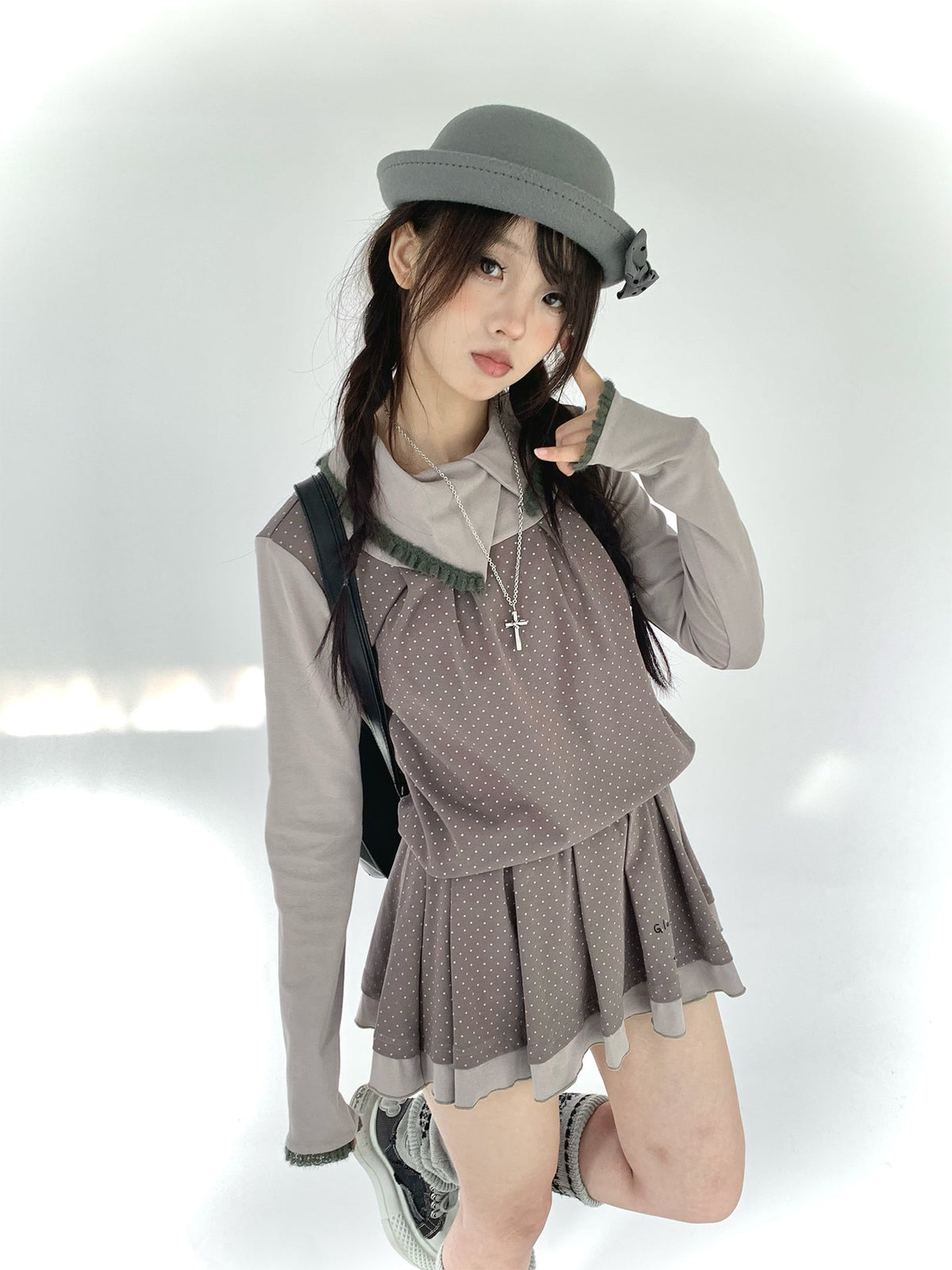 Gray Khaki Polka Dot Faux-Layer Pleated Mini Dress