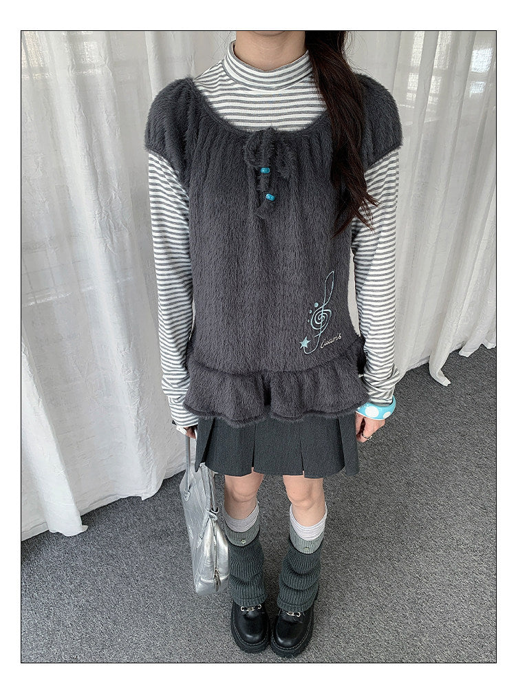 Fuzzy Ruffle Layered Two-Piece Long Sleeve Top Set